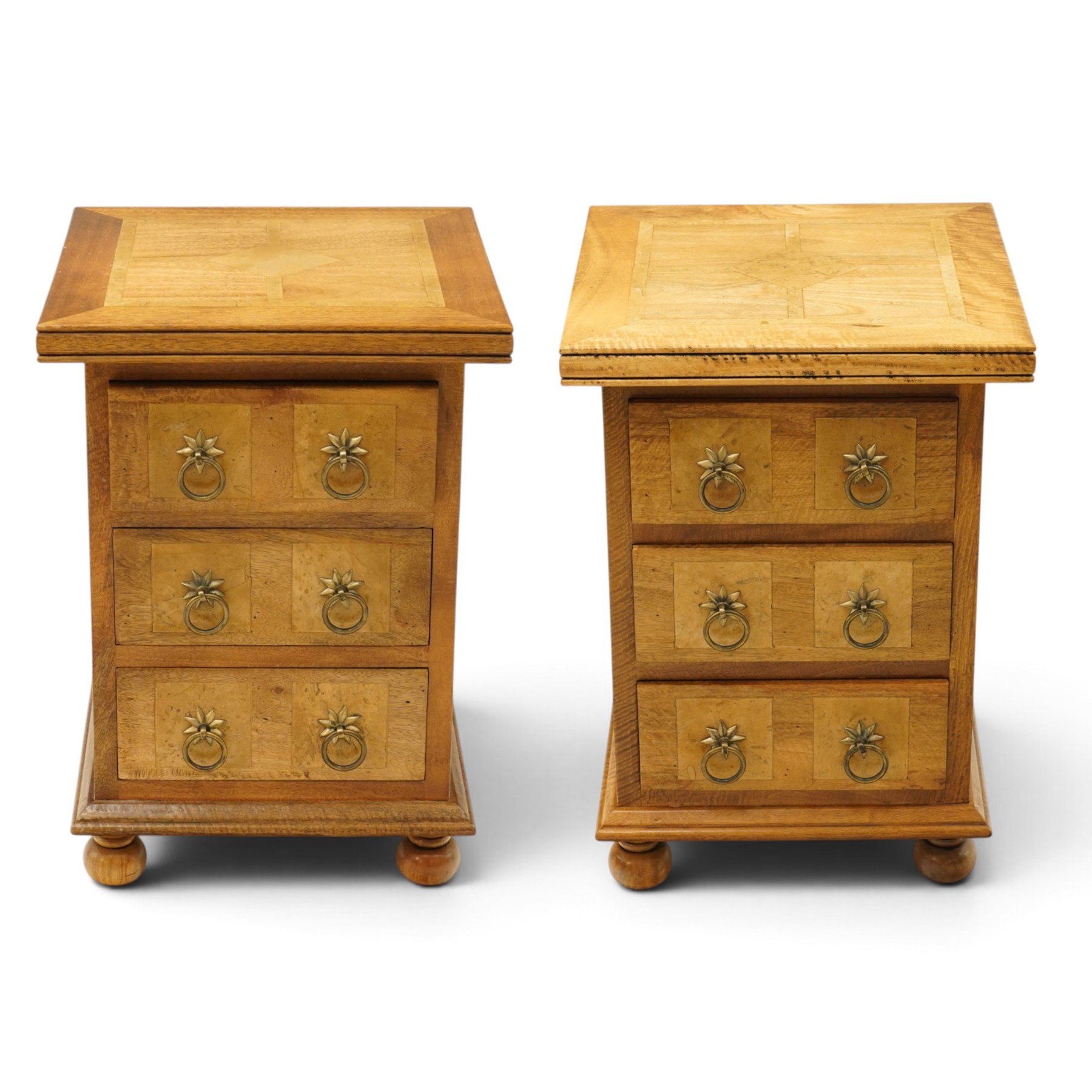 Barker & Stonehouse - pair of contemporary flagstone and mango wood bedside chests, the rectangular inlaid top over three drawers with metal ring handles, on compressed bun feet