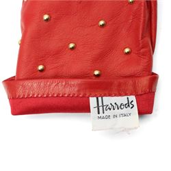Harrods, Jaeger and others - five pairs of ladies’ leather gloves, comprising red Harrods studded gloves, brown Jaeger buttoned gloves and three further Italian pairs