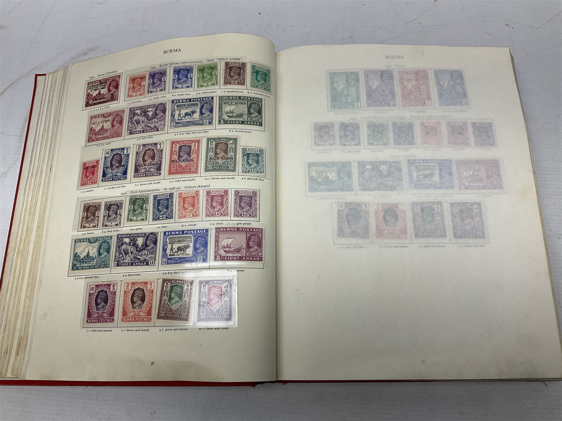 Single album collection of King George VI stamps, including Aden, Antigua, Ascension, Australia, Bahamas, Bahrain, Barbados, Basutoland, Bechuanaland, Bermuda, British Solomon Islands, Brunei, Burma, Cayman Islands, Dominica, Falkland Islands, Gambia, Gilbert and Ellice Islands, Gold Coast, Great Britain 1939-48 set to one pound including ten shilling dark blue, Grenada, Hong Kong, India, Ireland, Jamaica, Leeward Islands, Malta, Mauritius, New Zealand etc