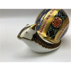 Three Royal Crown Derby paperweights, Garden Snail, with gold stopper, Farmyard Cockerel, with gold stopper and Carolina Duck, with gold stopper, all with printed mark beneath 