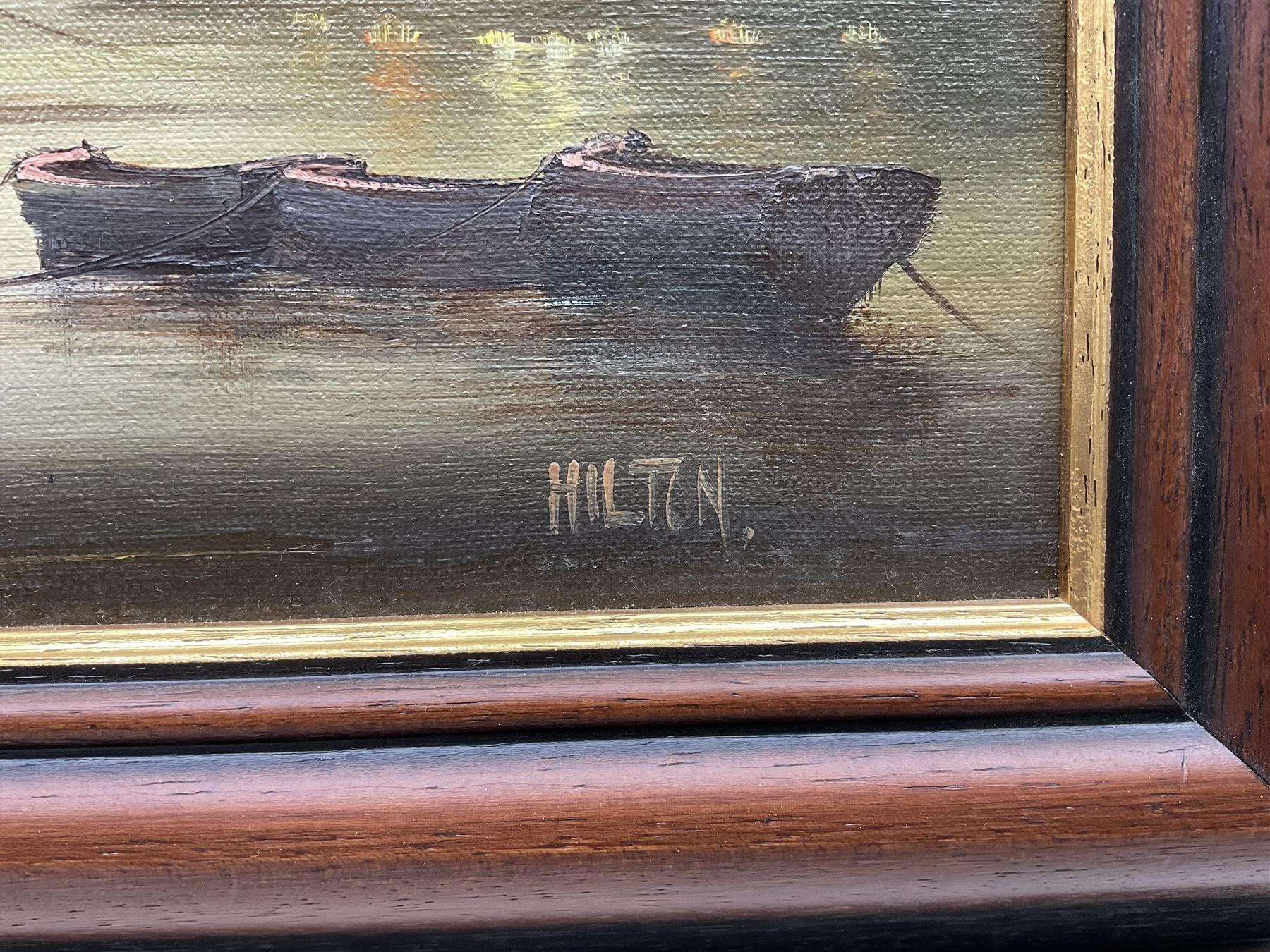 Barry Hilton (British 1941-): Galleon in a Moonlit Dock, oil on canvas signed 29cm x 40cm 
Provenance: with the Penny Hedge Gallery, Whitby, label verso