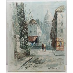 French School (20th century): Parisian Street Scene with Figures and Flower Market, oil on canvas signed 'Burnett' 60cm x 90cm and another similar signed L. Basset 60cm x 50cm (unframed) (2)