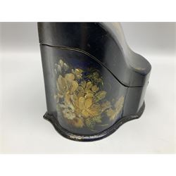 Victorian papier-mâché stationary box, of rounded wedge form with mother of pearl escutcheon, the hinged and curved cover and sides hand painted with floral sprays, opening to reveal a lined and fitted interior, H15cm L22cm D16cm
