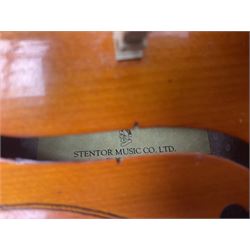 Three Stentor Student violins - three-quarter size with 33cm two-piece back; and two quarter size each with 28cm two-piece back; each in carrying case with bow (3)