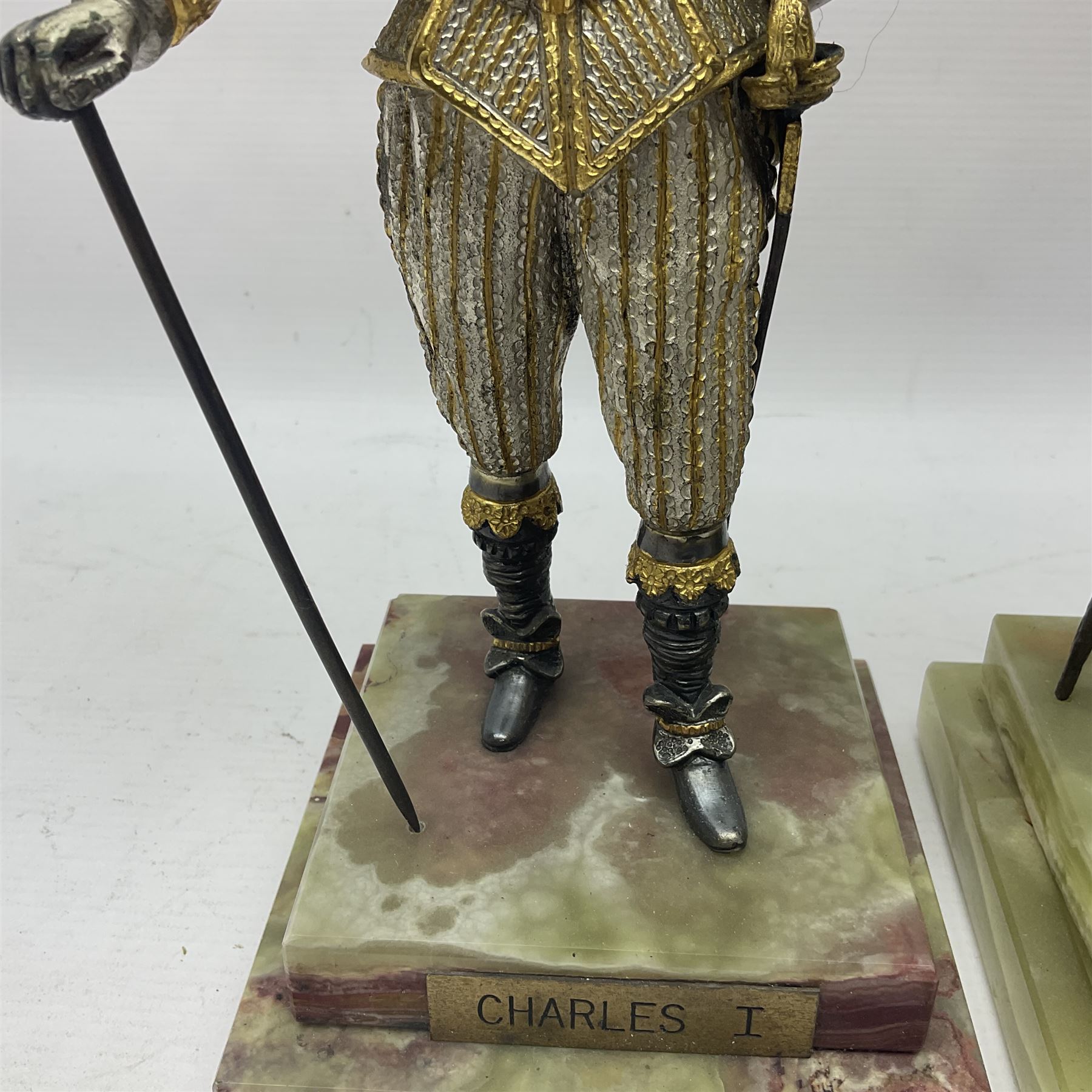 Anna Danesin for Birmingham Mint, two limited edition figures of British Monarchs: Charles I and Charles II, cold painted bronze figures, on a stepped onyx plinths, H29cm