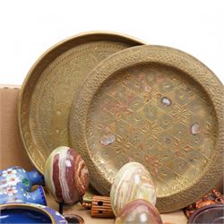 Pair of Chinese cloisonne vases with a paper label inscribed Middle Kingdom, other cloisonne items, hardstone eggs, three netsukes etc