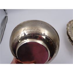 Four Indian silver dishes, three of oval form with shaped and pierced sides, each with Masonic presentation engravings, together with a similar circular example, all stamped Silver to base