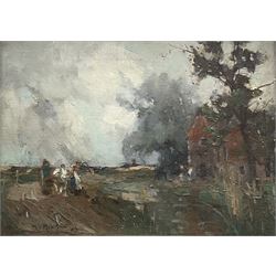 W* M* L*** (Continental 19th/20th century): Country scene with Figures, oil on canvas indistinctly signed and dated '99, 24cm x 33cm
