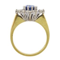 18ct gold oval sapphire, baguette and round brilliant cut diamond cluster ring, Birmingham 1991, sapphire approx 1.35, total diamond weight approx 0.50 carat