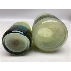 Mdina sea and sand glass vase, of cylindrical form, decorated in green, turquoise and brown, and matching vase, both unmarked together with a glass bowl and jug with gilt decoration 