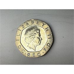 Queen Elizabeth II undated error twenty pence coin, from 2008