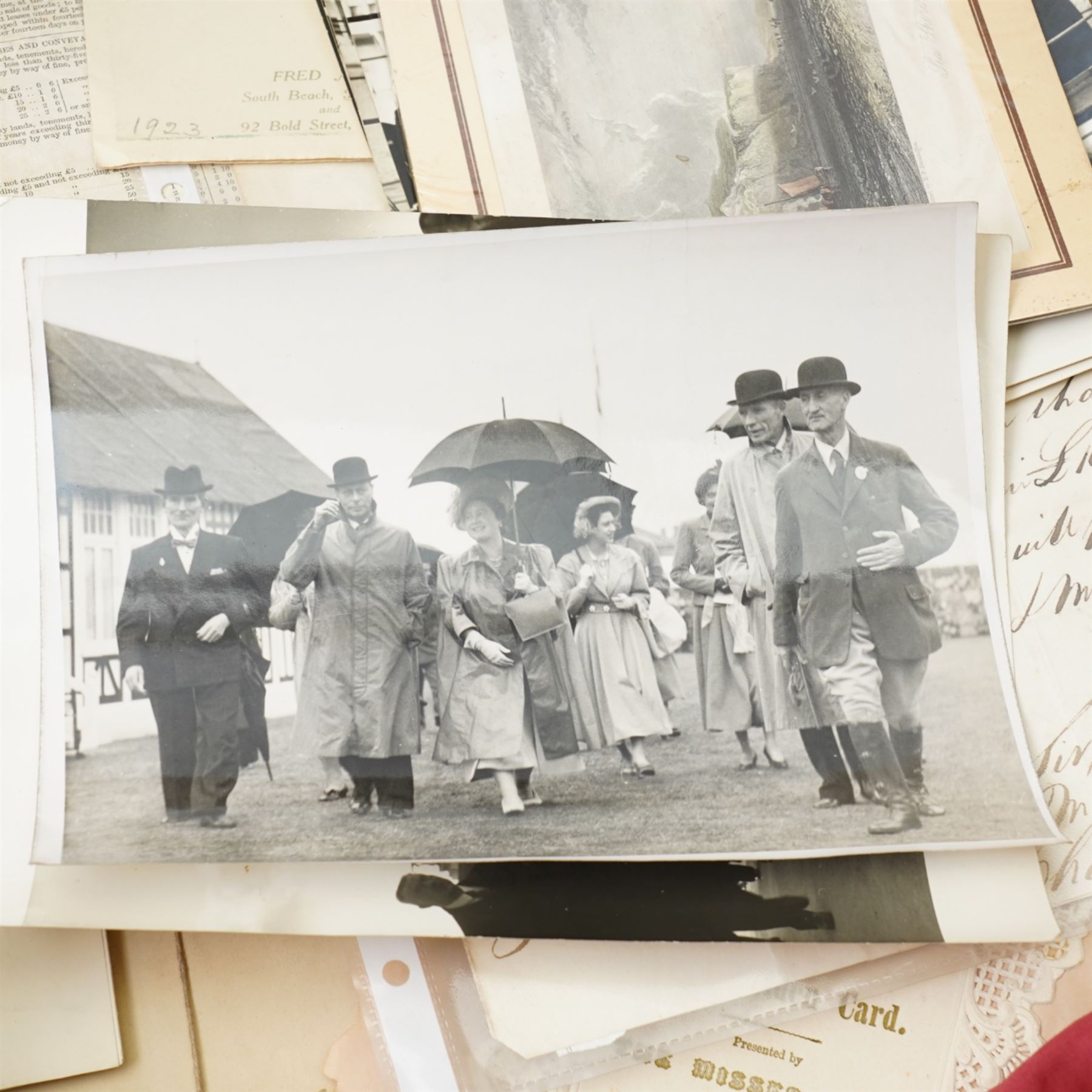 Ephemera including 19th century indenture, Victorian memorial cards and envelopes, sampler by Mary Wilson aged 11, 1940s photographs of George VI and royal family, miniature map of Turin circa 1600 and other items 
