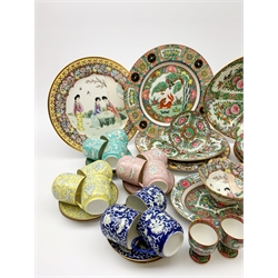 A Chinese tea set, comprising seven tea cups, eight saucers, eight side plates, sandwich plate, teapot, milk jug, cream jug, and sucrier and cover, together with twelve coffee cans and saucers, each with foliate decoration, plus a selection of modern famile rose wares, etc. 