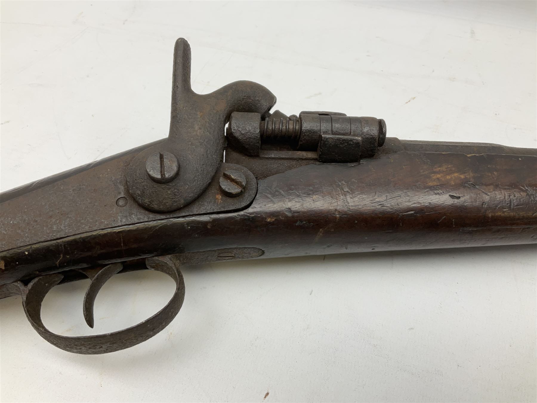 19th century 12-bore single barrel shotgun with Krnka/Werndl type action (converted from a percussion action rifle) with 77cm barrel, L122cm overall RFD ONLY