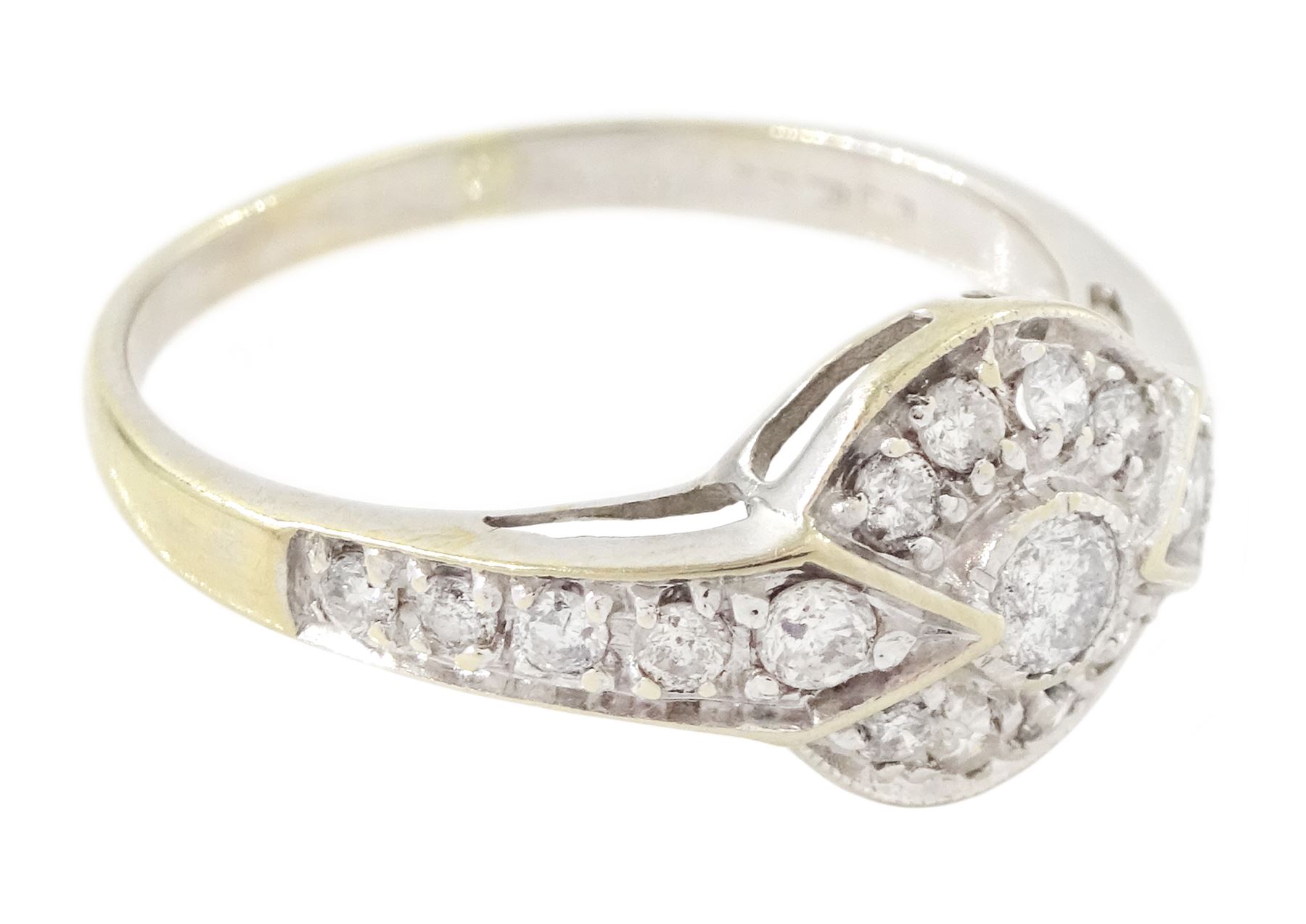 18ct gold diamond cluster ring, milgrain set with round brilliant cut diamonds and diamond set shoulders, Sheffield 2004, total diamond weight 0.50 carat