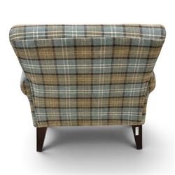 Contemporary armchair, upholstered in blue chequered fabric, dark stained square tapered supports