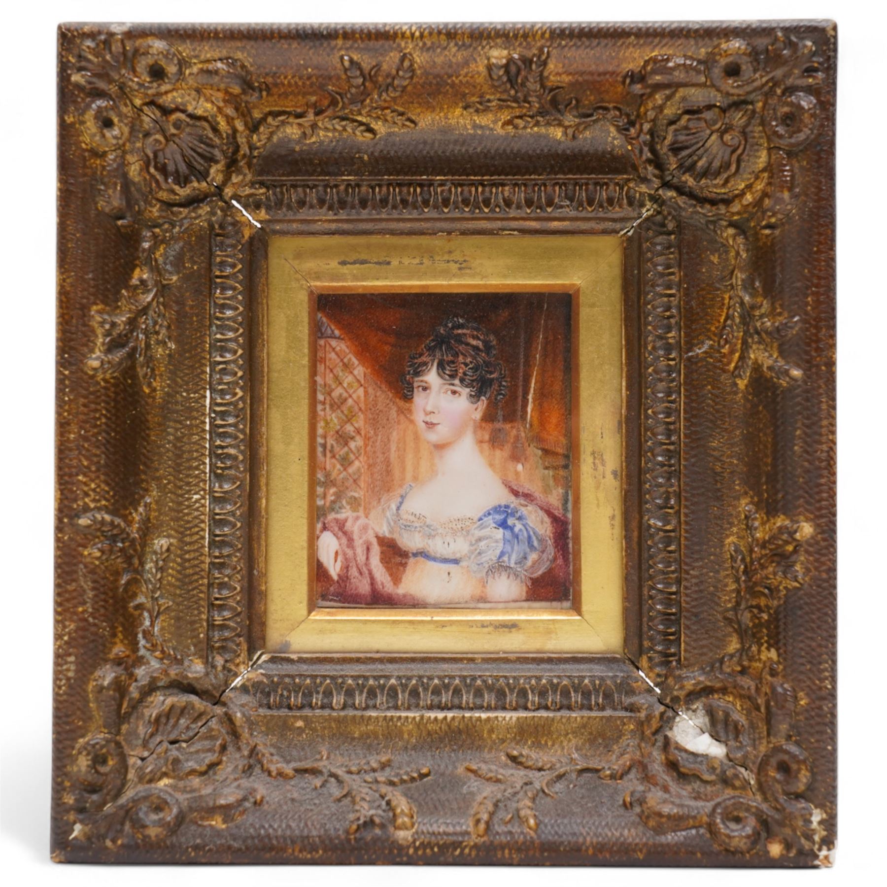English School (Early 19th century): Portrait of a Regency Lady, miniature watercolour on ivory unsigned 8.5cm x 7cm This item has been registered for sale under Section 10 of the APHA Ivory Act