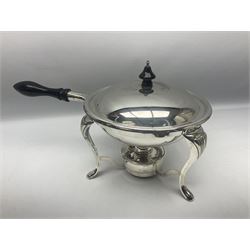 Walker & Hall silver plated long handled chafing dish, the lidded pan with ebonised turned handle and knop on open framework stand with three shell mounted cabriole legs and central double action burner, L44cm, together with a silver plated entrée dish and cover of rounded oblong form with ornate edges and removable handle, (2)