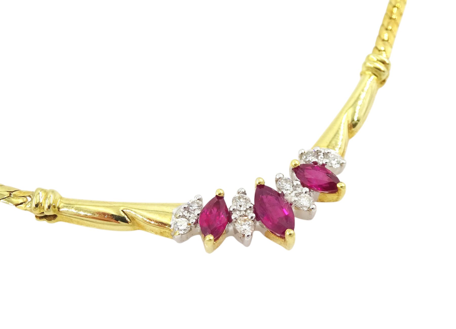 18ct gold marquise cut ruby and round brilliant cut diamond necklace, stamped
