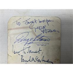 The Beatles - Parlophone Records promotional photographic card depicting a very young group standing together behind a pile of musical instruments; signed verso by George Harrison, Ringo Starr, Paul McCartney and John Lennon, inscribed by two members to 'Janet' and also signed by a female 'roadie' F. Holly who had been assigned to look after her 14.5 x 9cm
Provenance: The signatures were obtained by 'Janet', the vendor, at the Majestic Ballroom, Witham, Hull, at their performance on 13th February 1963, when she was sixteen years old. Janet was still recovering from being injured in a car accident so was removed from the packed audience to watch the performance from the wings where she acquired the signatures, personally watching each member of the band sign the card. Whilst signing the card the Beatles asked her to attend a party later that night at their hotel in Hull but she declined as she was too young and had to return home by 11pm!