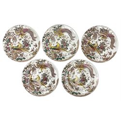 Five early 20th century Royal Crown Derby Olde Avesbury pattern dinner plates, decorated with oriental pheasants, butterflies and other birds amongst flowering branches, with impressed and printed marks to reverse, D26.5cm
