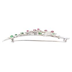 White gold old cut and single cut diamond, ruby and emerald flower spray brooch
