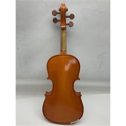 Three Stentor Student violins - three-quarter size with 33cm two-piece back; and two quarter size each with 28cm two-piece back; each in carrying case with bow (3)