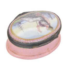 19th century Bilston enamel snuff box, of oval form, the hinged cover decorated with Britannia, H5cm  