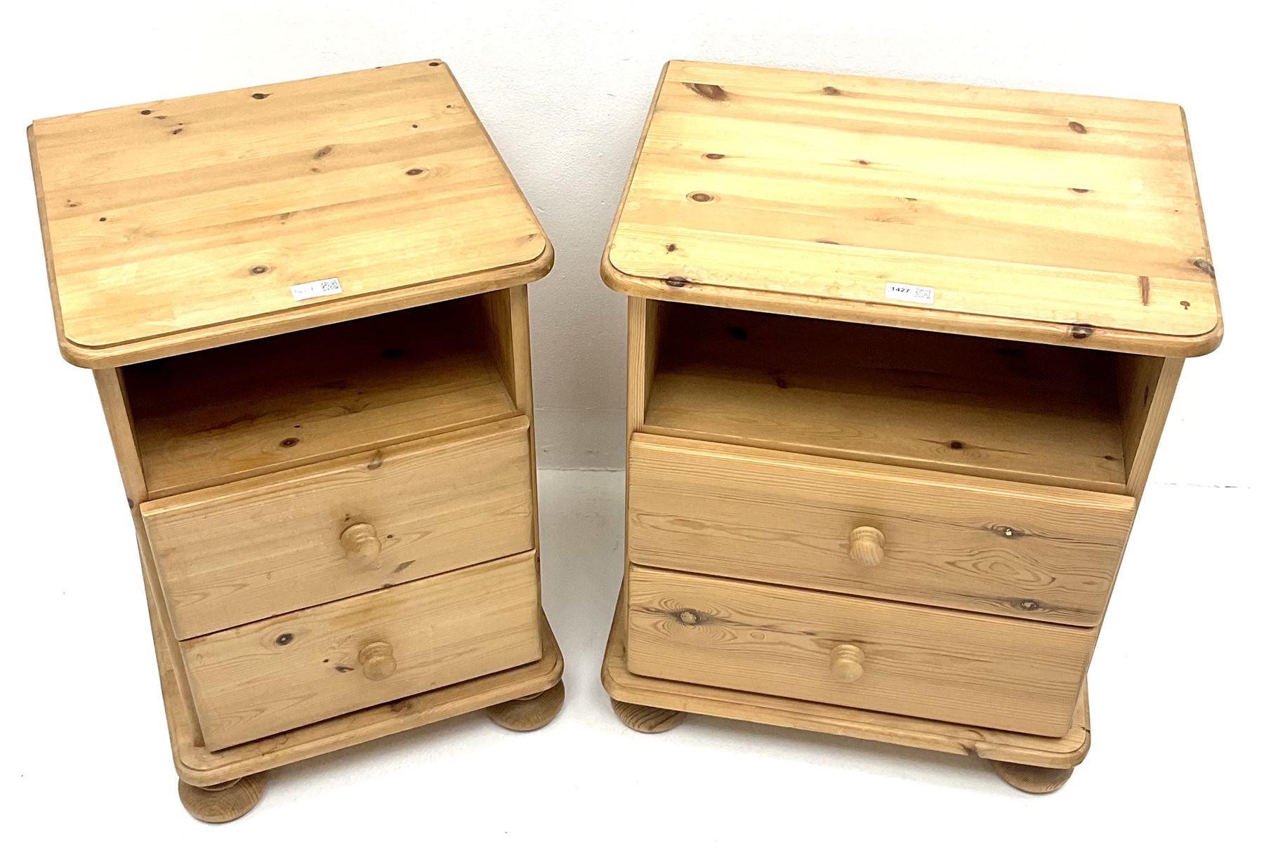 Two solid pine bedside two drawers, turned supports (W51cm