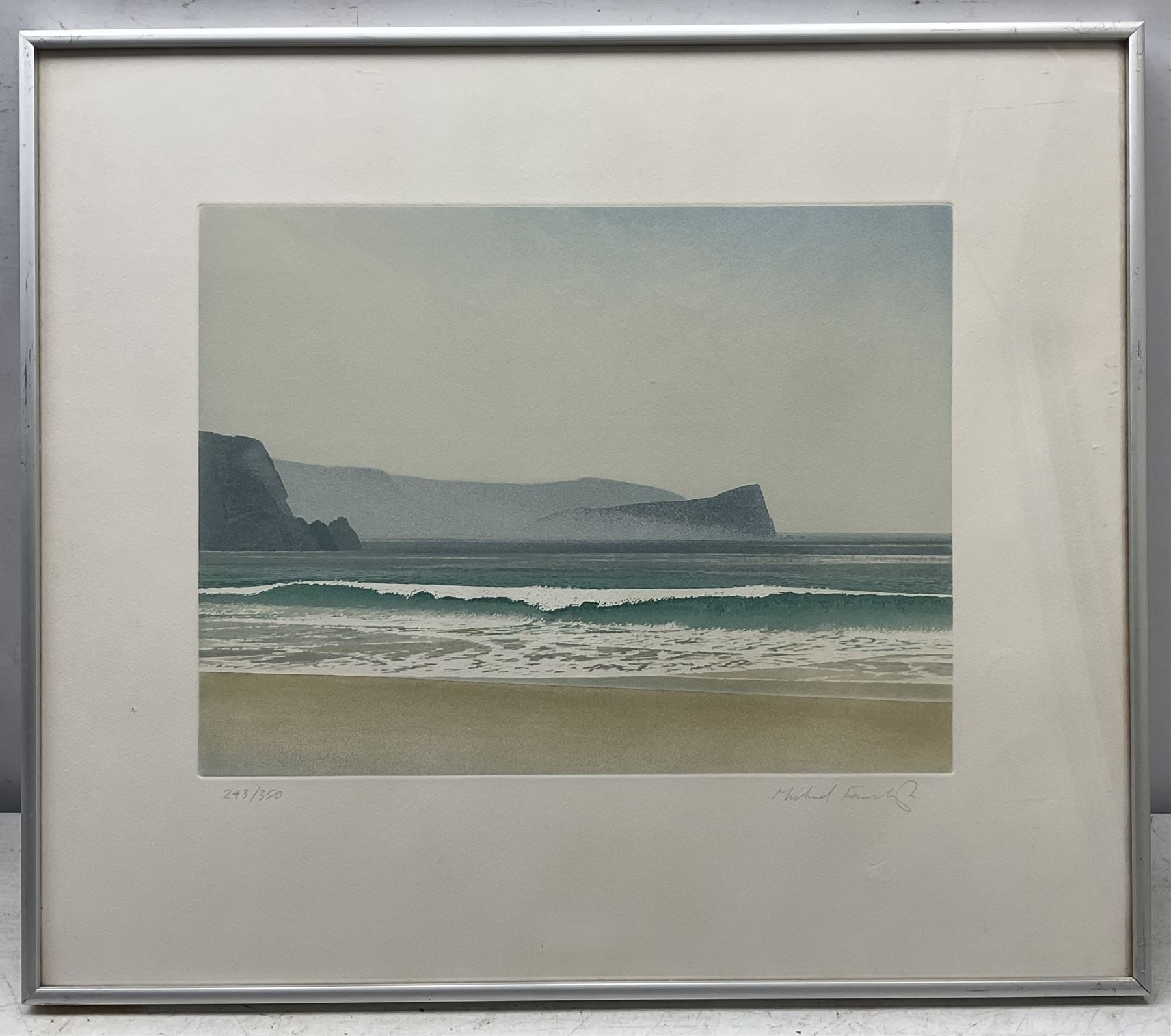 Michael Fairclough (British 1940-): 'Church Cove and Mullion Island' and 'Towards Solva - Newgale Sands', pair coloured etchings with aquatint signed and numbered in pencil pub. Christie's Contemporary Art, certificates verso 39cm x 30cm (2)
