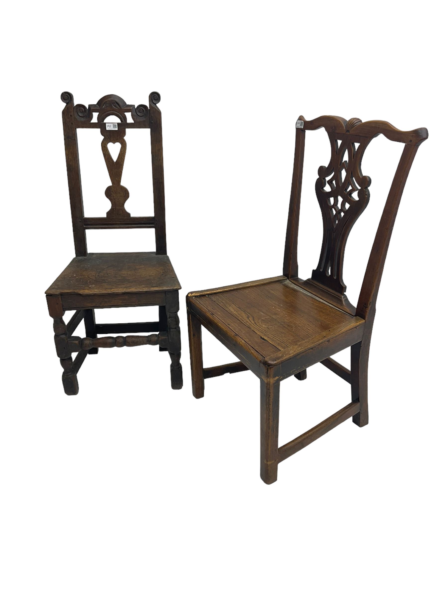 George III Chippendale design oak side chair, york cresting rail over pierced shaped splat back, solid seat raised on square supports (W52cm H93cm); 18th century oak side chair, scroll carved cresting rail with heart splat, panel seat raised on turned supports (W43cm H99cm)