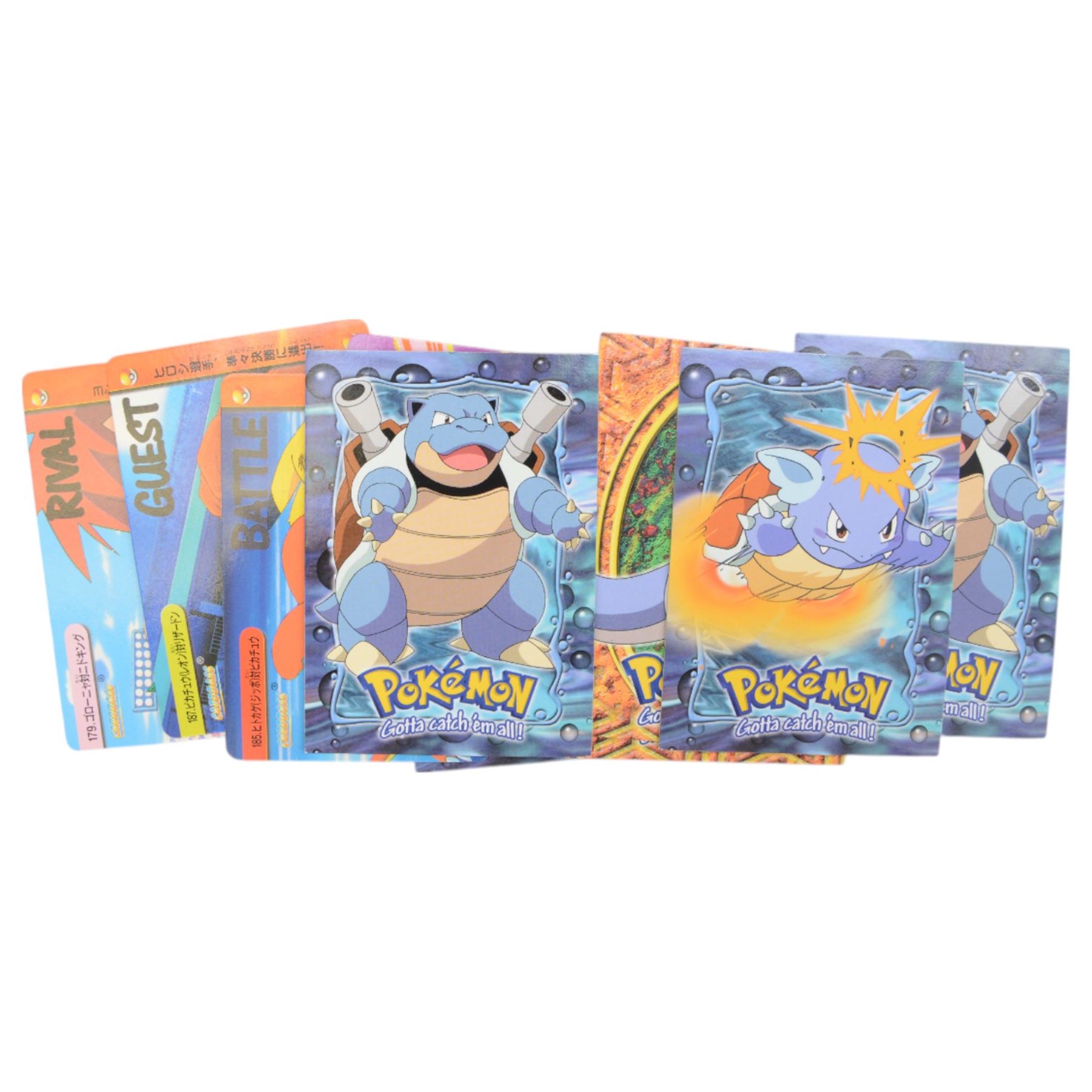 Collection of Pokemon TGC trading cards, including two WB First Movie Black Star promo cards Pikachu no. 4 and Dragonite no. 5, two Ancient Mew Black Star holo promo cards, Gym Challenge Giovanni's Persian 8/132 holo and a small collection WOTC, Neo Discovery and Neo Genesis cards, together with thirty four Bandai Carddass Pokemon cards, including prism Charizard no. 186 and Pokemon Topps cards including holo examples 