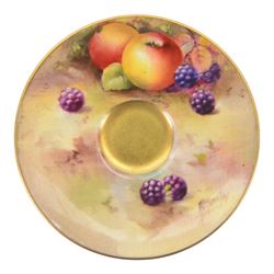 Two Royal Worcester fruit painted miniature cabinet cups and saucers, the first example interior hand painted with apples and blackberries upon a mossy ground, the cup exterior and centre of saucer gilded, cup signed W. Hale and saucer signed G. Mosley, each with puce coloured printed marks beneath, the second example, exterior hand painted with pears and blackberries upon a mossy ground, the cup interior and centre of saucer gilded, cup signed Rushton and saucer signed W. H. Austin, each with puce coloured printed marks beneath, largest H6cm