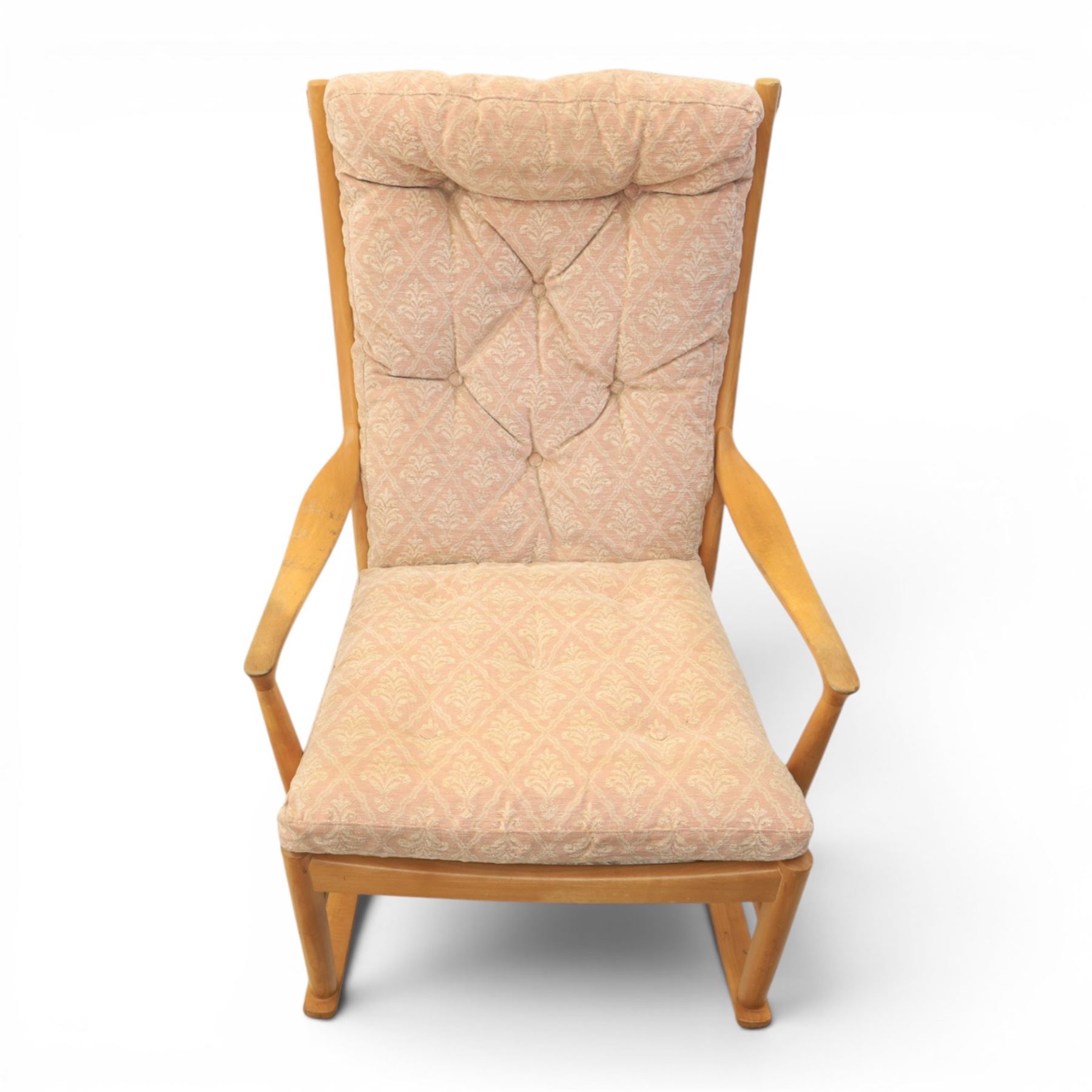 Parker Knoll -model '480' rocking beechwood chair, loose seat cushions above an elasticated webbing seat, curved rocker base 
