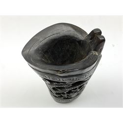 Chinese horn blood collection cup, carved with dragons and key fret border, H9.5cm
