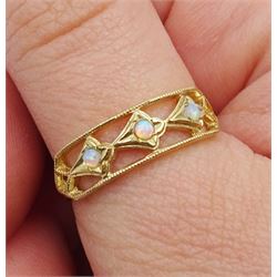9ct gold three stone opal ring, hallmarked