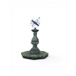 Impressive Haddon stone armillary sundial, raised on column pedestal with octagonal base, seated on weathered sectional plinth, measurements without plinth.
Plinth: 140cm x 140cm