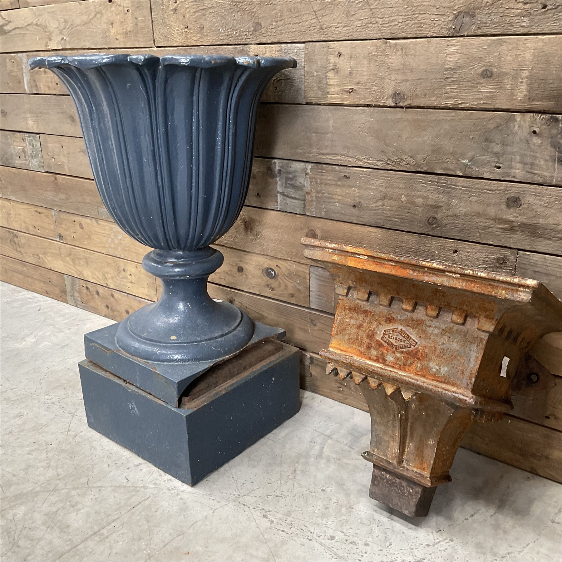 19th century blue painted cast iron lotus garden urn with plinth, and a cast iron rain hopper