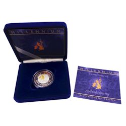 Five The Royal Mint United Kingdom silver proof coins, comprising 1994 two pound commemorating the Tercentenary of the Bank of England, 1996 five pounds commemorating Her Majesty the Queen Elizabeth II 70th birthday, 1997 two pound Britannia, 2000 'Millennium' five pound, all cased with certificate, and 1996 one pound, cased without certificate