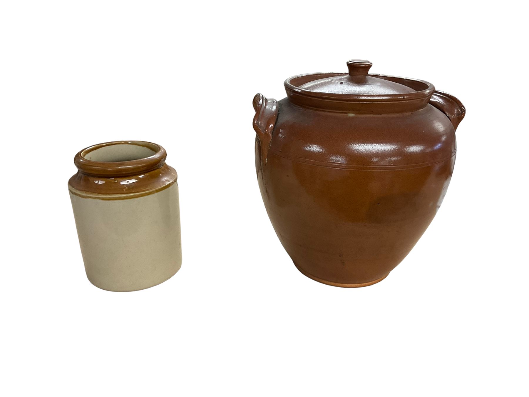 Large Victorian salt glazed jar and cover with twin lug type handles, together with a stoneware open jar, largest example H31.5cm