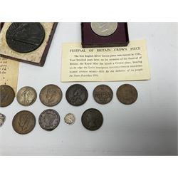 Lusitania replica medal, boxed and various coins including King George VI 1951 Festival of Britain crown, United States of America 1844 one cent and 1850 half dime, Queen Victoria States of Jersey 1844 one thirteenth of a shilling, etc