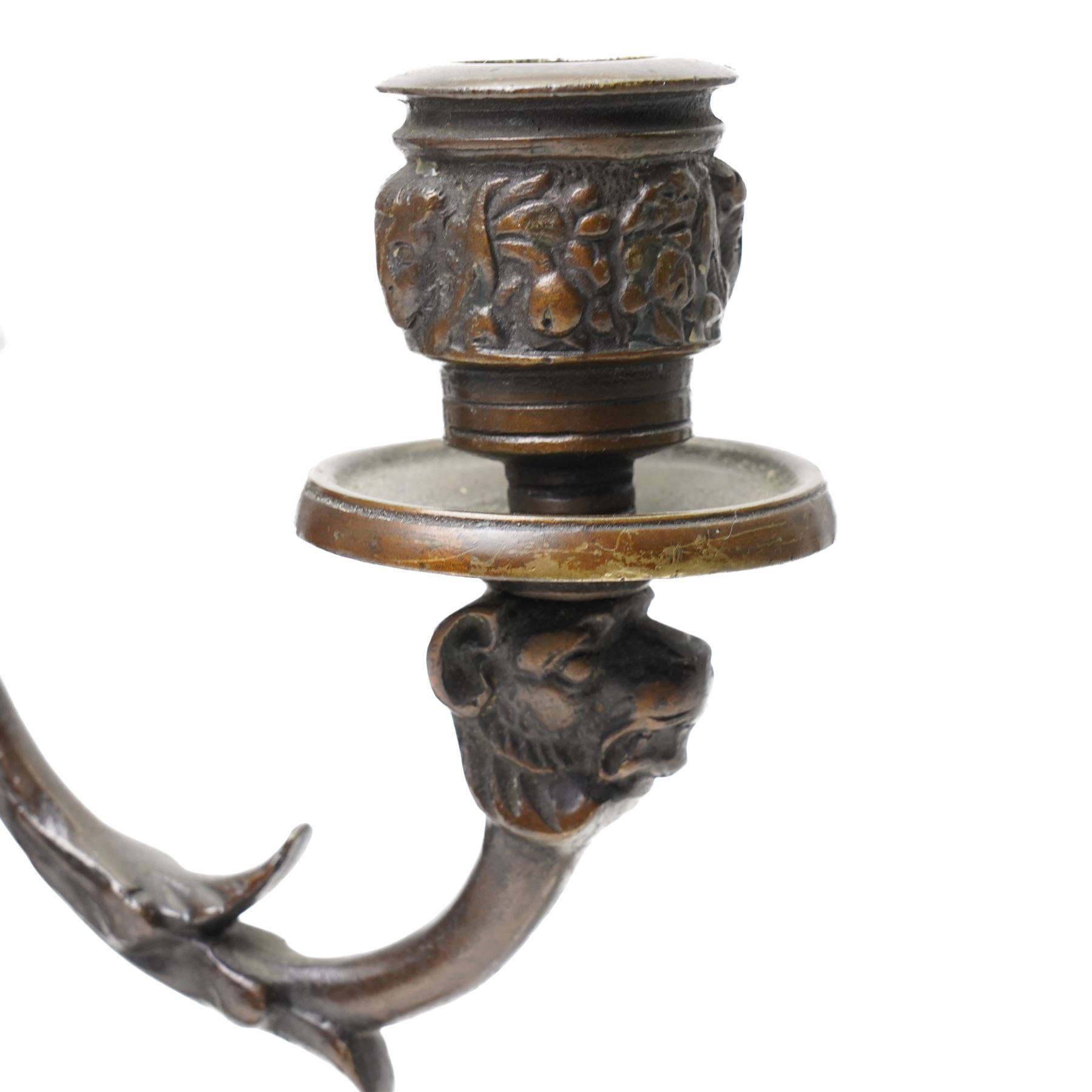 Pair of Neo Classical bronze four light candelabra with scroll branches and fluted columns with paw feet on triangular base H35cm