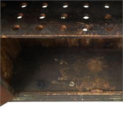 19th century painted and lacquered pine clerks desk bureau on cupboard, hinged fall-front enclosing three compartments, over slatted panelled doors enclosing two perforated shelves, on skirted base, in rustic forest green and red finish
