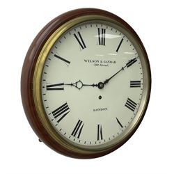 Wilson & Gandar of London -  Fine 19th century fusee timepiece wall clock, mahogany case with a cast brass bezel and 12” painted dial, Roman numerals, minute track and fine pierced moon hands, wire fusee driven movement with curved shoulder movement plates and a recoil anchor escapement. With key and pendulum. Wilson & Gandar are recorded as working in The Strand, London, 1851-75.