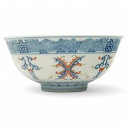 19th century Chinese  Doucai porcelain bowl decorated in blue, orange etc, the interior with a double scroll panel, six character Tongshi reign mark D15cm