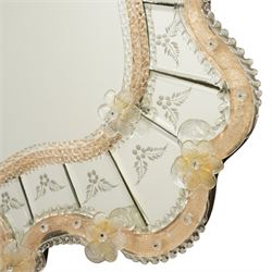 20th century Venetian glass wall mirror, the shaped plate within a mirrored frame applied with clear glass flowerheads and moulded glass edging, with etched floral decoration to the bevelled 'frameless' plates, the inner slip with ropetwist moulded glass