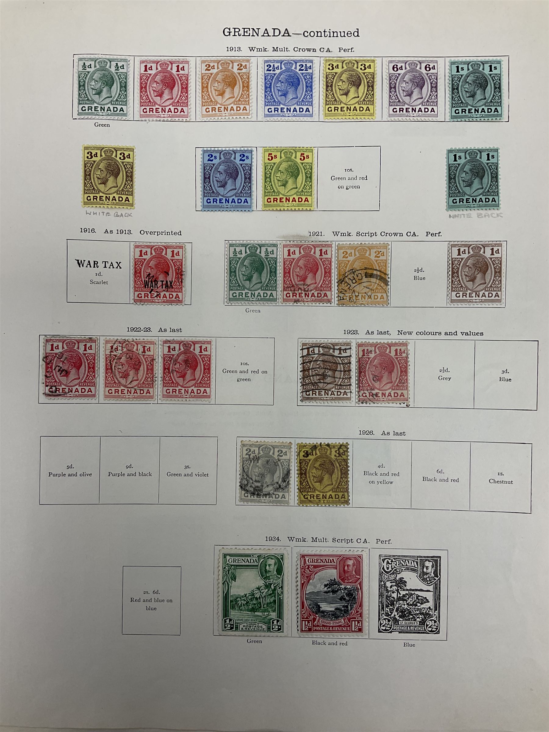 Grenada Queen Victoria and later stamps, including 1861-79 one penny, six pence, one shilling, 1883 halfpenny to one shilling, King George V 1913 values to one shilling etc, housed on pages