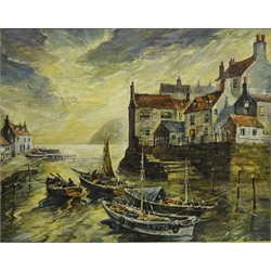  Fishing Boats in Staithes Harbour, 20th century oil on canvas board unsigned 39.5cm x 49.5cm  