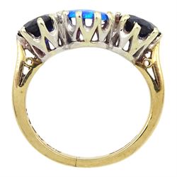 9ct gold three stone opal and synthetic sapphire ring, hallmarked 