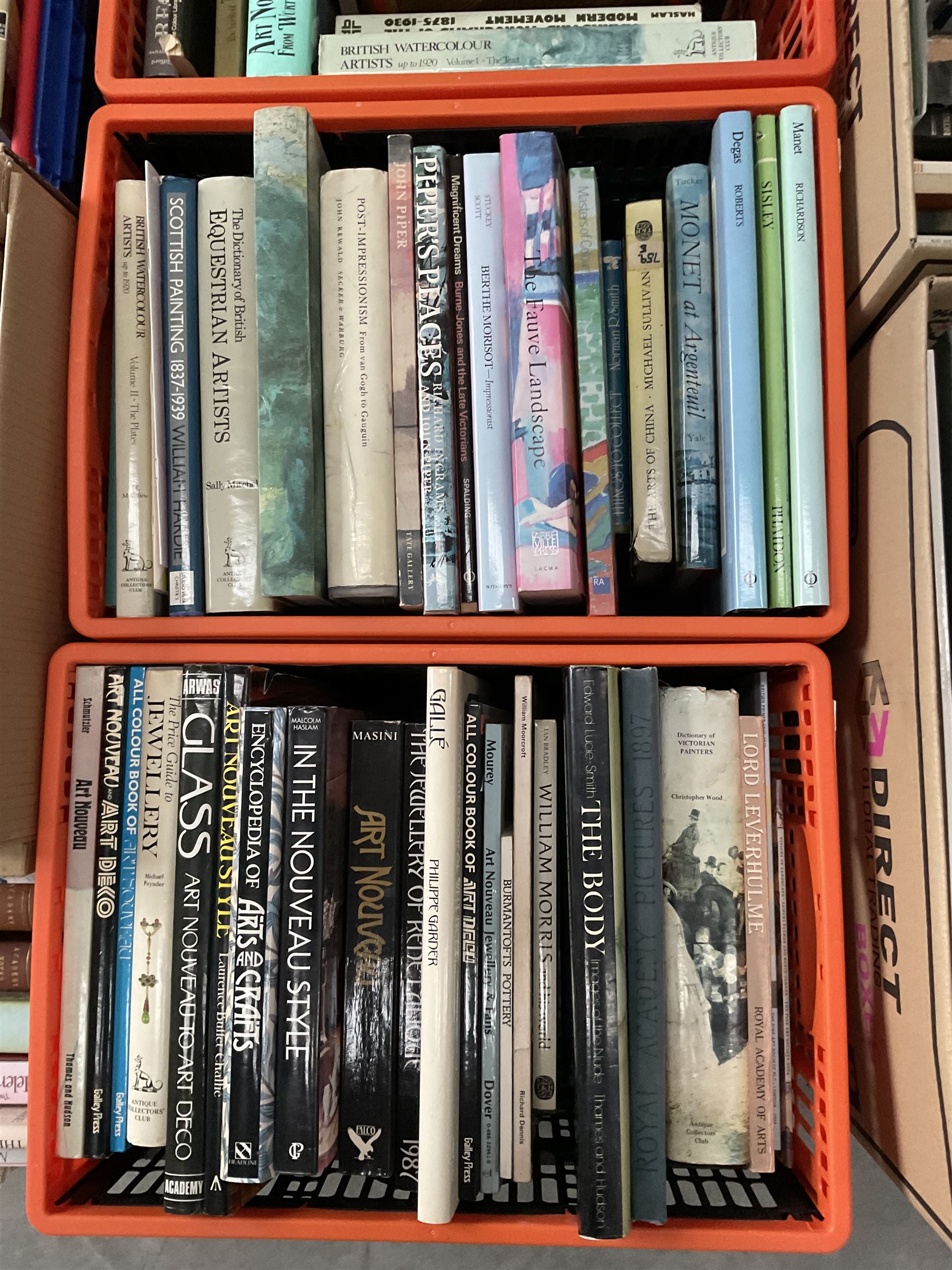 Extremely large collection of reference books on painting and decorative art, to include artist’s monographs, exhibition catalogues, Graves Royal Academy Exhibitors, Paintings in Public Ownership, artist dictionaries, etc (13 boxes) 
Notes: COLLECTION FROM DUGGLEBY STORAGE, GREAT HILL, EASTFIELD, SCARBOROUGH, YO11 3TX